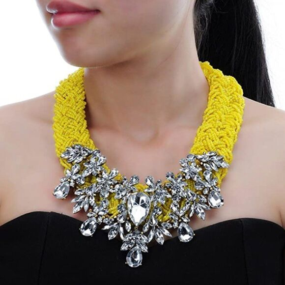 Silver with Green AB Austrian Crystal and Blue Beaded Chunky Collar Bib Necklace - Picture 5 of 5